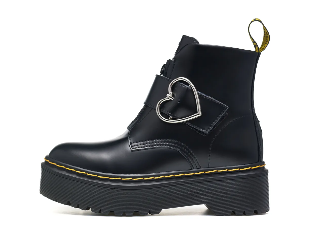 Dr. Martens Botas de plataforma negra amarilla con hebilla en forma de corazón para tobillo 7