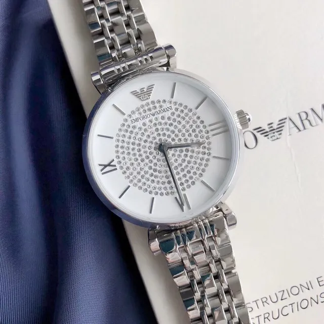 Emporio Armani Montre Classique Argent Blanc Acier Inoxydable Pavé Cristal Cadran Quartz 2