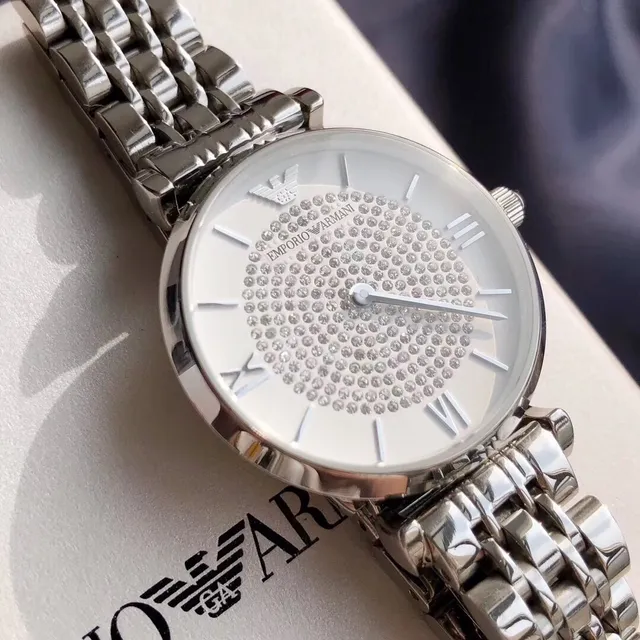 Emporio Armani Montre Classique Argent Blanc Acier Inoxydable Pavé Cristal Cadran Quartz 4
