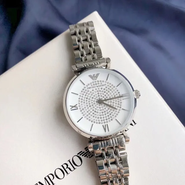 Emporio Armani Montre Classique Argent Blanc Acier Inoxydable Pavé Cristal Cadran Quartz 6