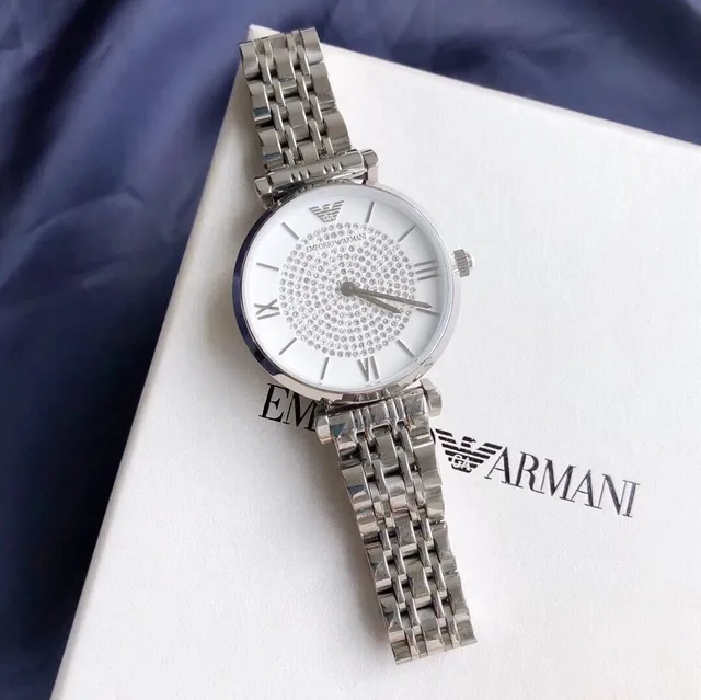 Emporio Armani Montre Classique Argent Blanc Acier Inoxydable Pavé Cristal Cadran Quartz 8