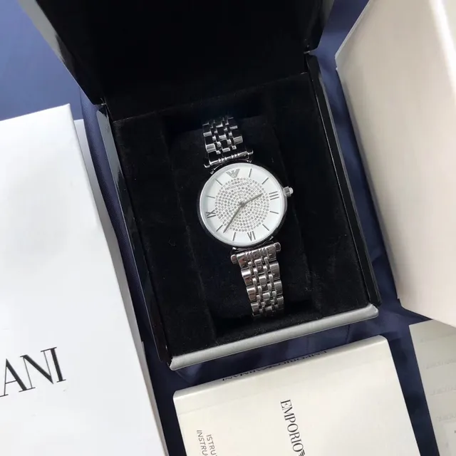 Emporio Armani Montre Classique Argent Blanc Acier Inoxydable Pavé Cristal Cadran Quartz 9