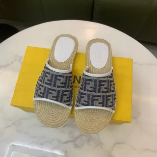 Fendi বেইজ নেভি FF Monogram Jacquard Strap Woven Jute Espadrille Sole স্লিপার