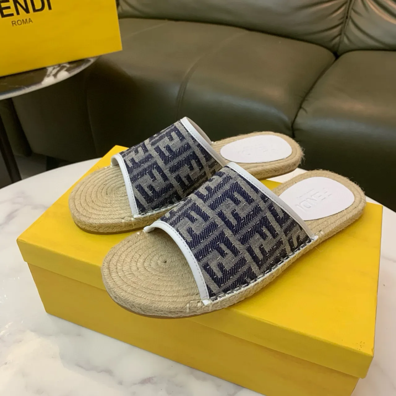 Fendi 米色海军蓝 FF Monogram Jacquard Strap Woven Jute Espadrille Sole 拖鞋 2