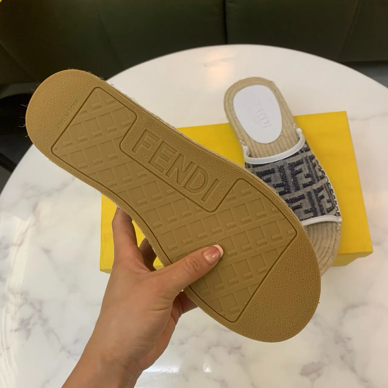 Fendi 米色海军蓝 FF Monogram Jacquard Strap Woven Jute Espadrille Sole 拖鞋 7