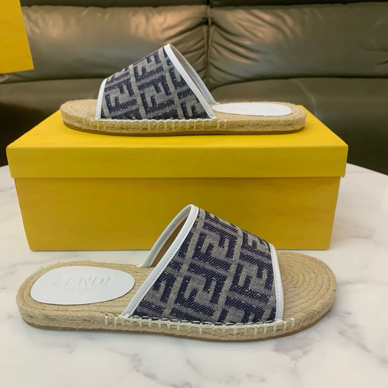 Fendi 米色海军蓝 FF Monogram Jacquard Strap Woven Jute Espadrille Sole 拖鞋 8