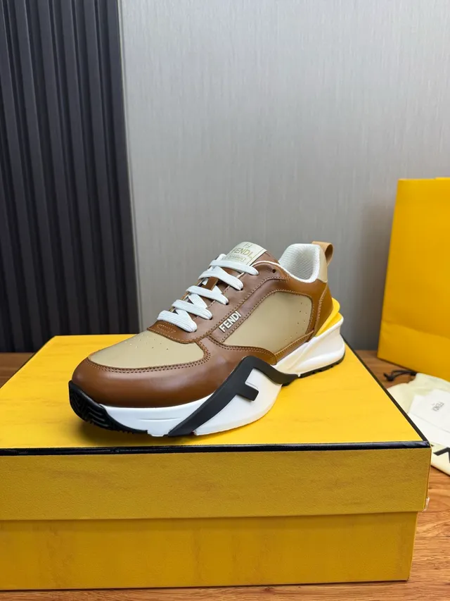 Fendi Brown Beige Sole Multi-Panel Leather Chunky Sneakers 2