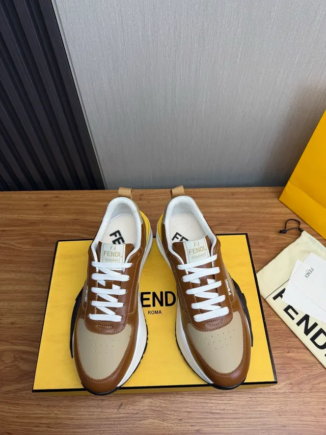 Fendi Brown Beige Sole Multi-Panel Leather Chunky Sneakers 4