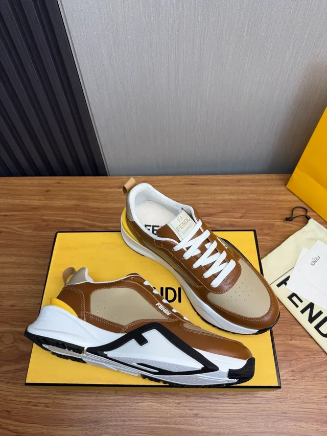Fendi Brown Beige Sole Multi-Panel Leather Chunky Sneakers 7