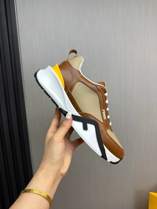 Fendi Brown Beige Sole Multi-Panel Leather Chunky Sneakers 8