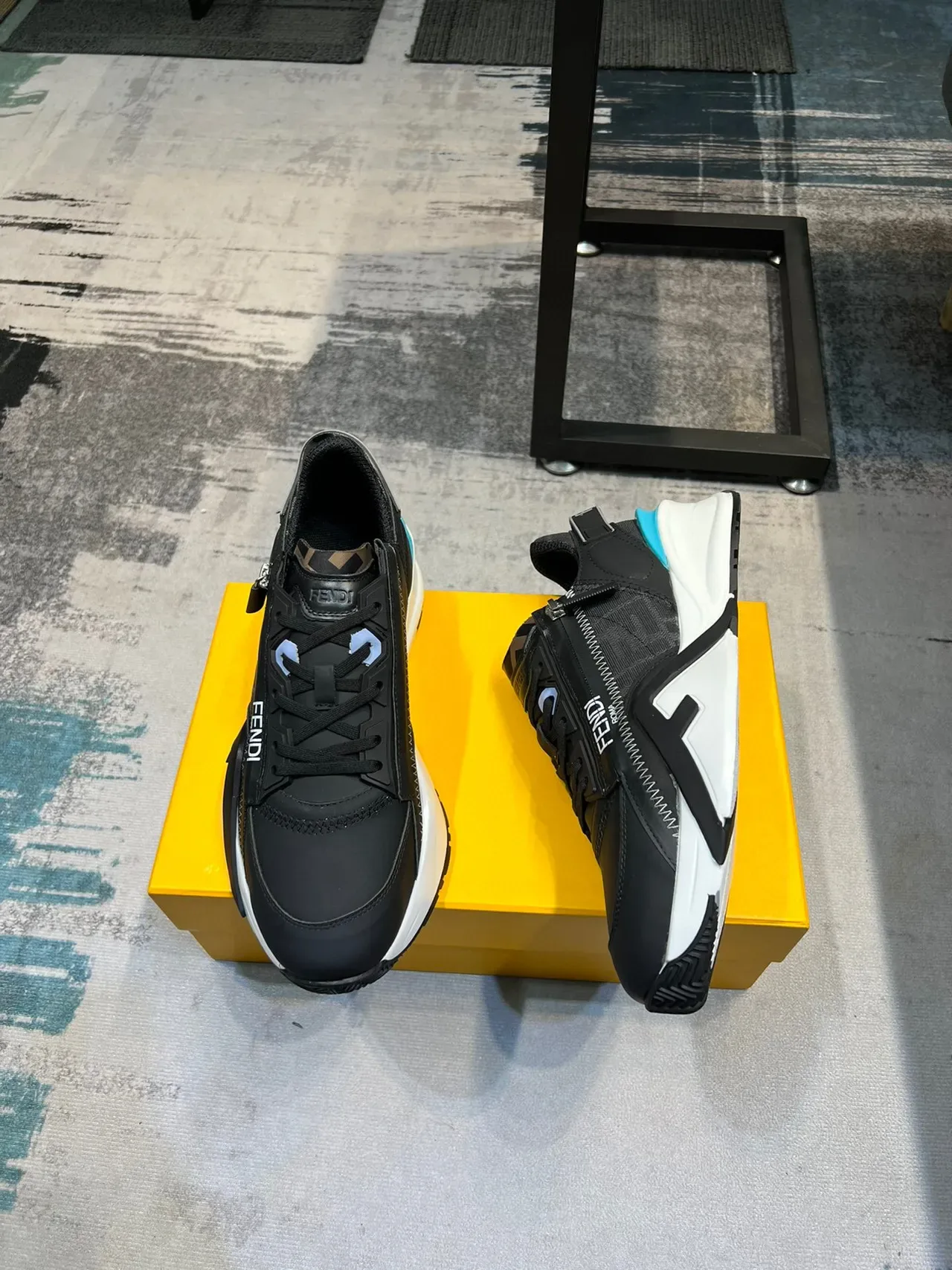 Fendi First Black Blue Zipper-Accented FF Monogram Upper Chunky Sneakers 4