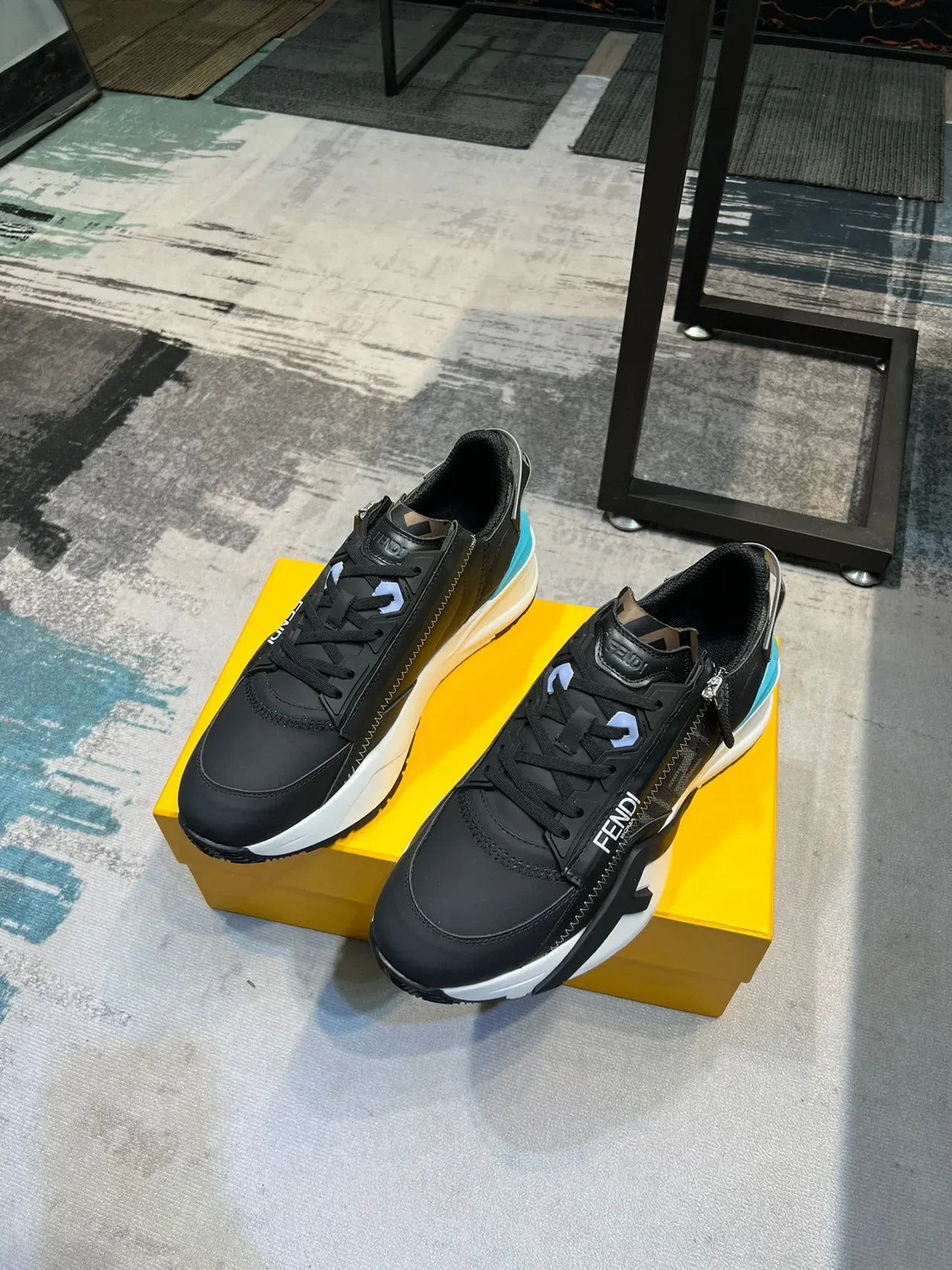 Fendi First Black Blue Zipper-Accented FF Monogram Upper Chunky Sneakers 5