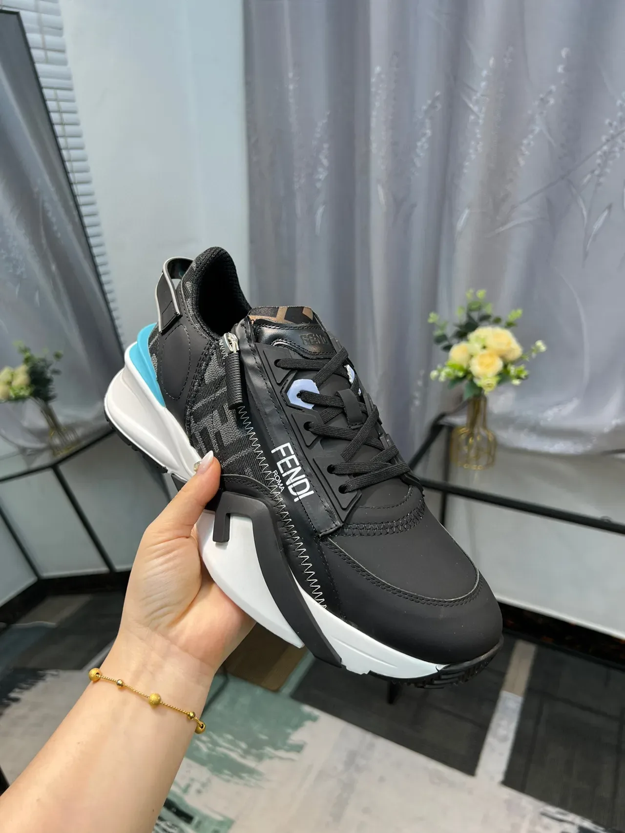 Fendi First Black Blue Zipper-Accented FF Monogram Upper Chunky Sneakers 6