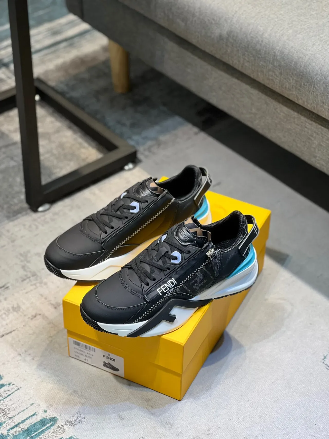 Fendi First Black Blue Zipper-Accented FF Monogram Upper Chunky Sneakers 7