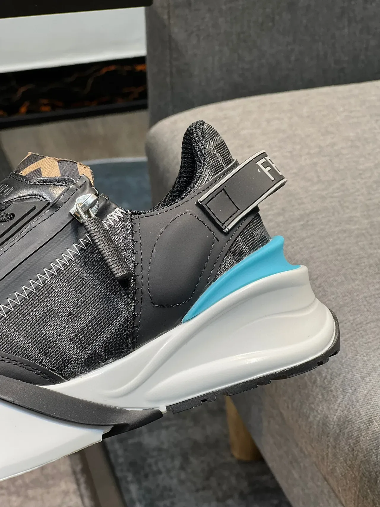 Fendi First Black Blue Zipper-Accented FF Monogram Upper Chunky Sneakers 8