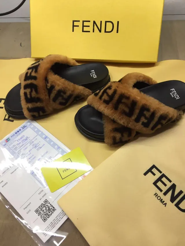 Fendi 棕黑 毛皮拖鞋 FF Monogram 拖鞋 5