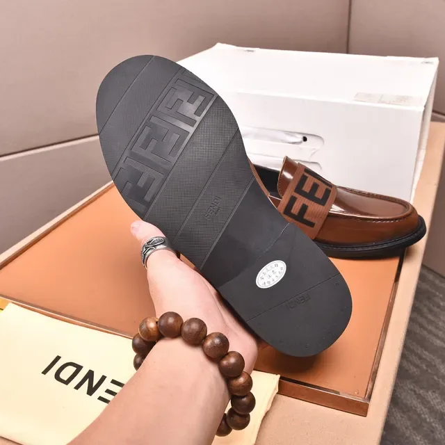 Fendi Logo Strap Loafer Brown Black Polished Leather Elastic Loafer 3