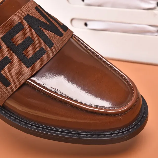 Fendi Logo Strap Loafer Brown Black Polished Leather Elastic Loafer 5