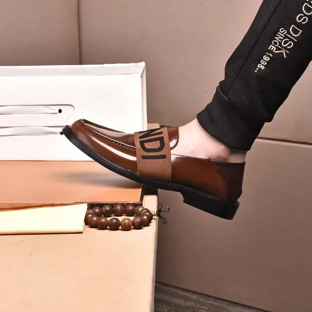 Fendi Logo Strap Loafer Brown Black Polished Leather Elastic Loafer 6