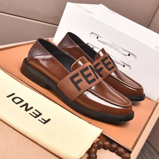 Fendi Logo Strap Loafer Brown Black Polished Leather Elastic Loafer 7