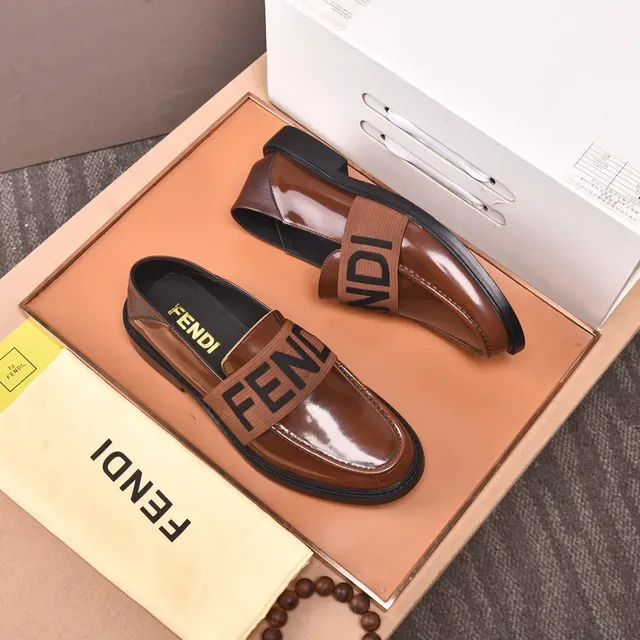 Fendi Logo Strap Loafer Brown Black Polished Leather Elastic Loafer 8