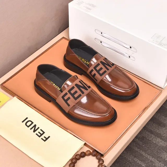 Fendi Logo Strap Loafer Brown Black Polished Leather Elastic Loafer 9
