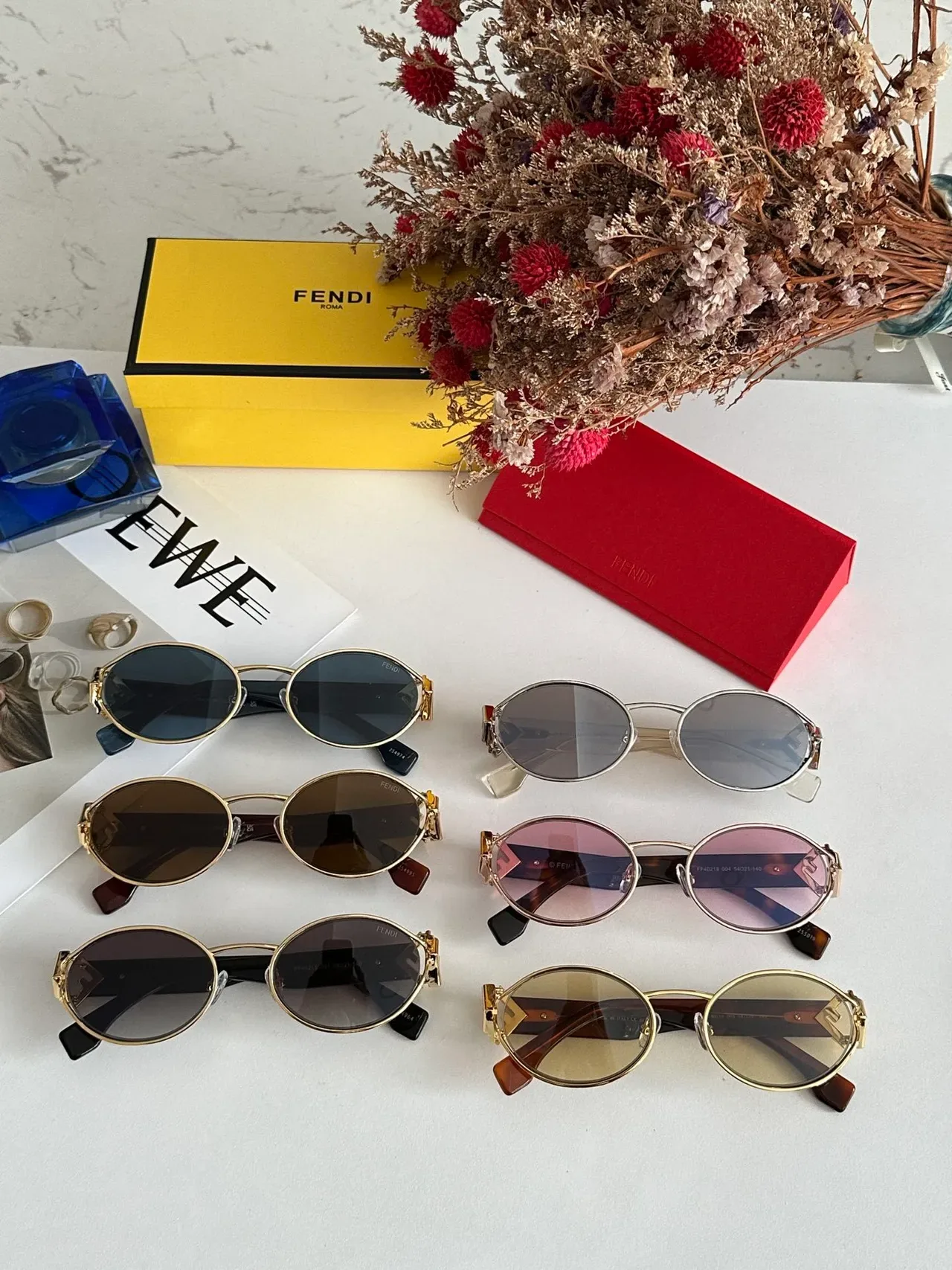 Fendi Oval Gold Frame Navy Acetate Temple Sunglasses 3