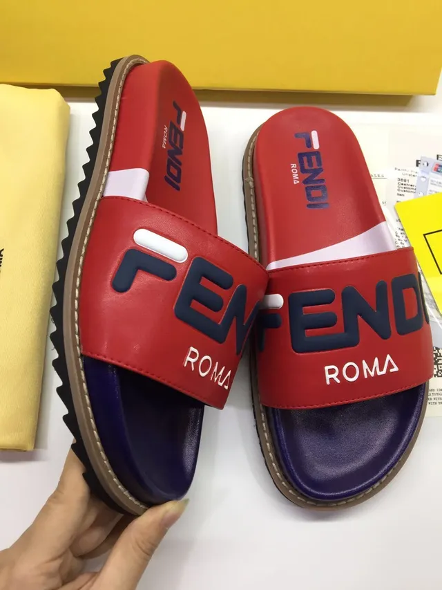 Fendi Roma Red Navy Logo-Print Strap Two-Tone Leather Upper Slippers 2