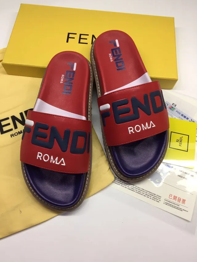 Fendi Roma Red Navy Logo-Print Strap Two-Tone Leather Upper Slippers 3