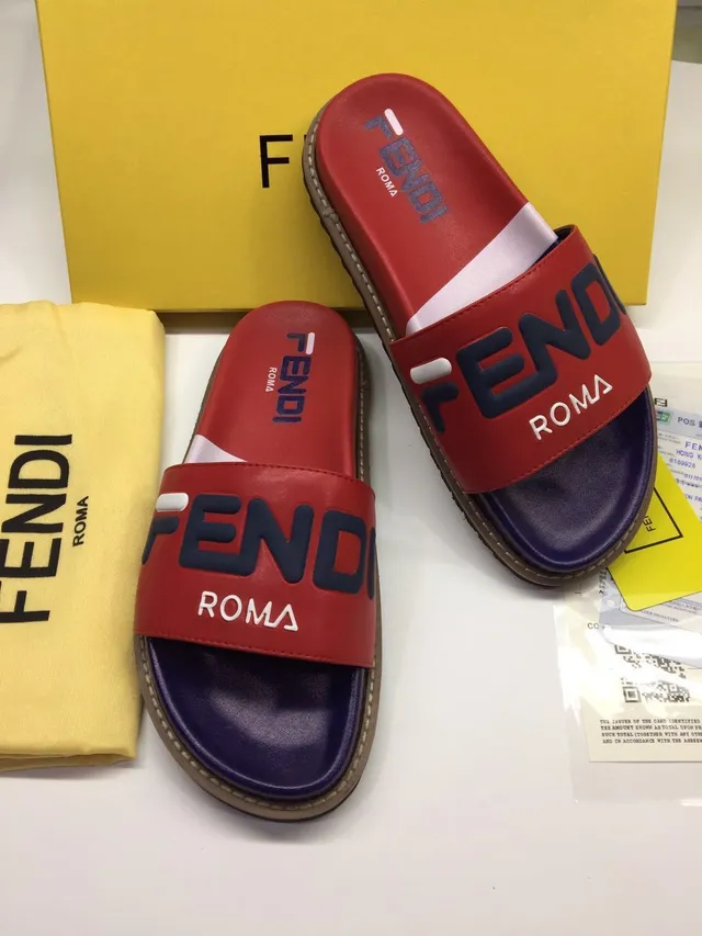 Fendi Roma Red Navy Logo-Print Strap Two-Tone Leather Upper Slippers 5