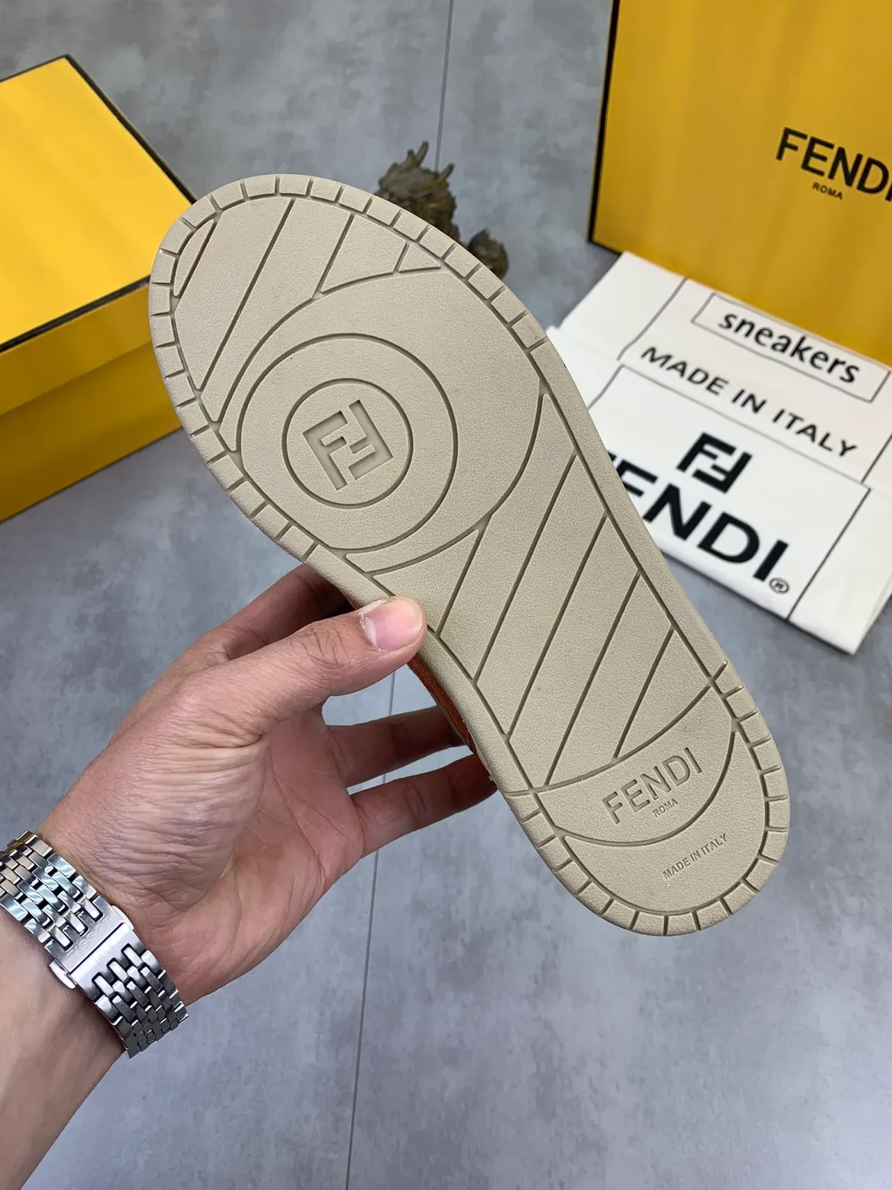Fendi White Brown Multi-Panel Leather And Suede Abstract Green Overlay Sneakers 2