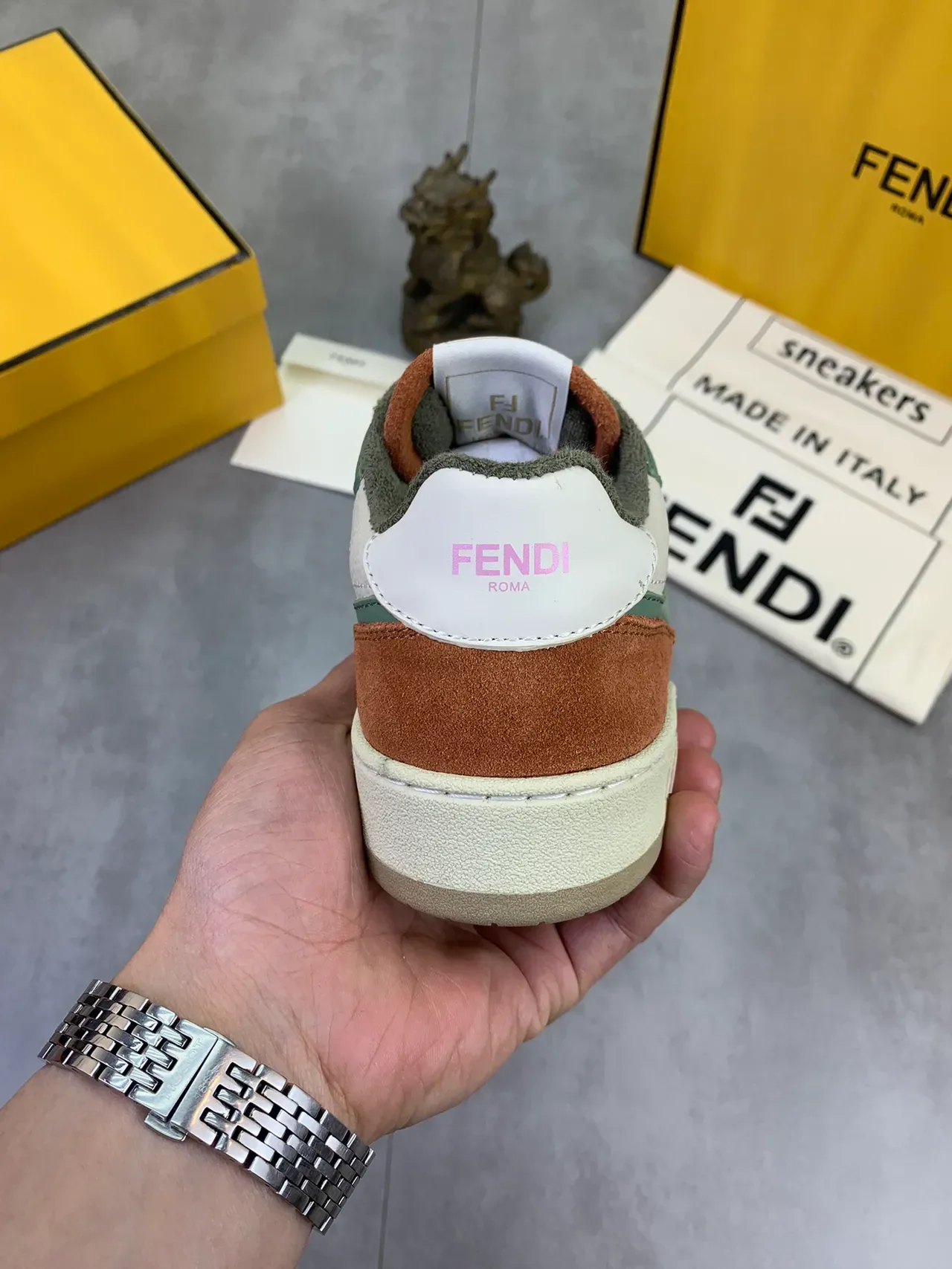 Fendi White Brown Multi-Panel Leather And Suede Abstract Green Overlay Sneakers 3