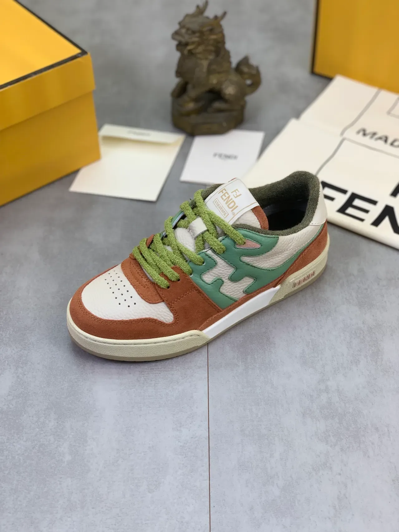Fendi White Brown Multi-Panel Leather And Suede Abstract Green Overlay Sneakers 4