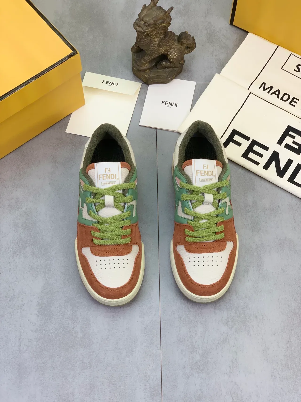 Fendi White Brown Multi-Panel Leather And Suede Abstract Green Overlay Sneakers 5
