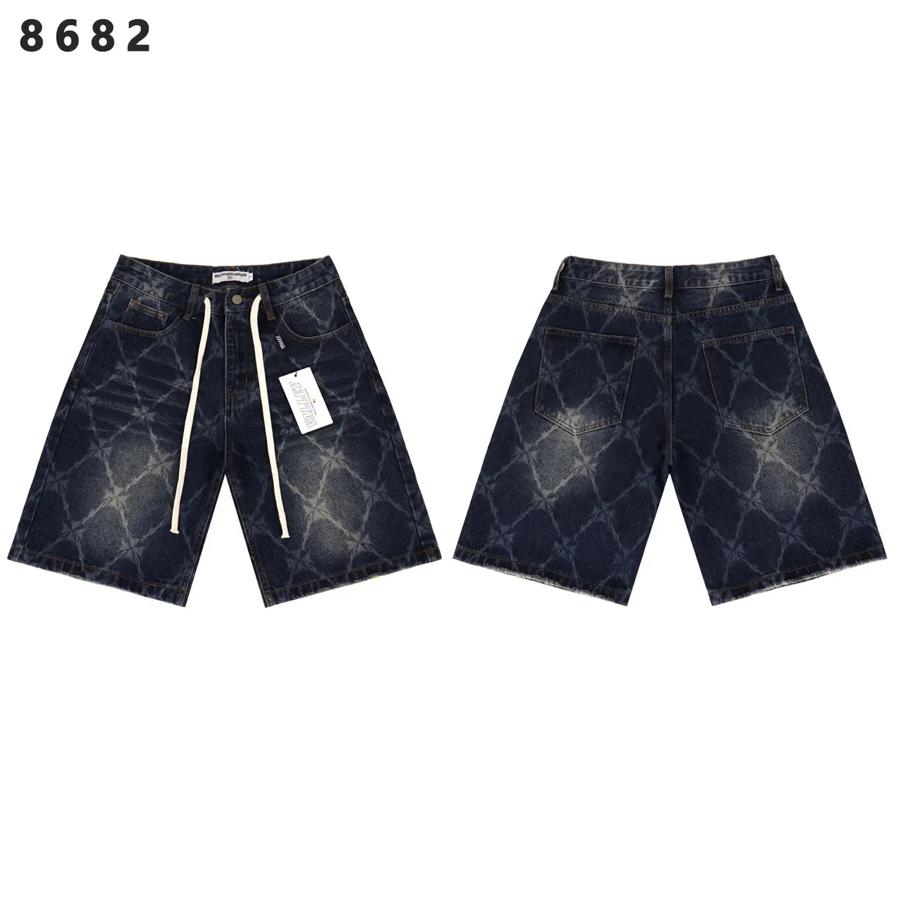 Acid-Wash Grid Pattern Drawstring Waist Denim Shorts 4