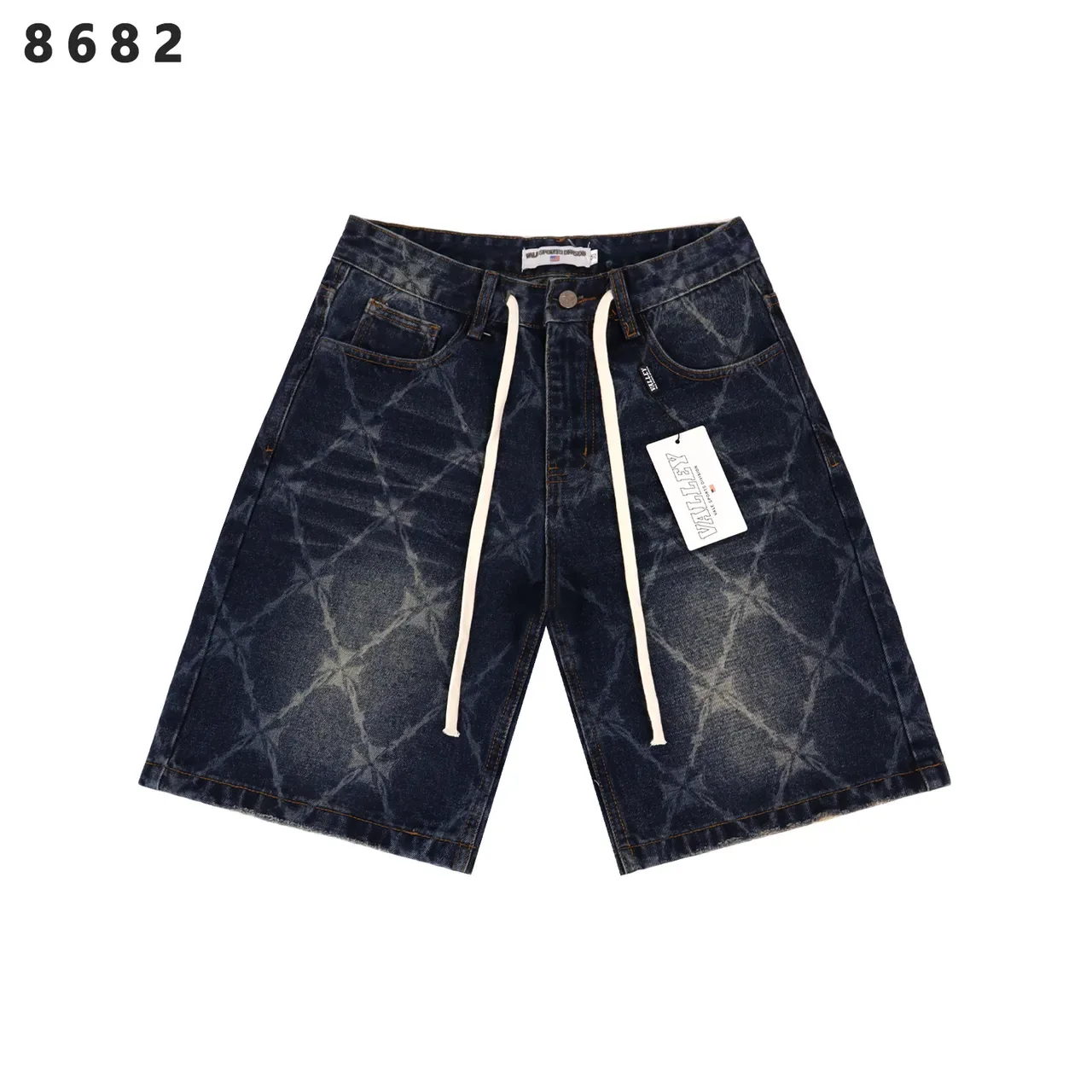 Acid-Wash Grid Pattern Drawstring Waist Denim Shorts 5