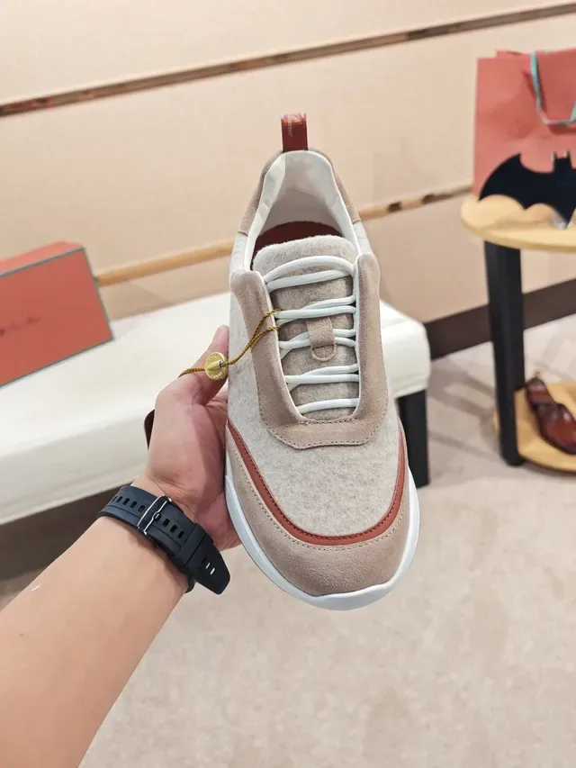Beige and Red Mixed-Material Lace-Up Sneaker 6