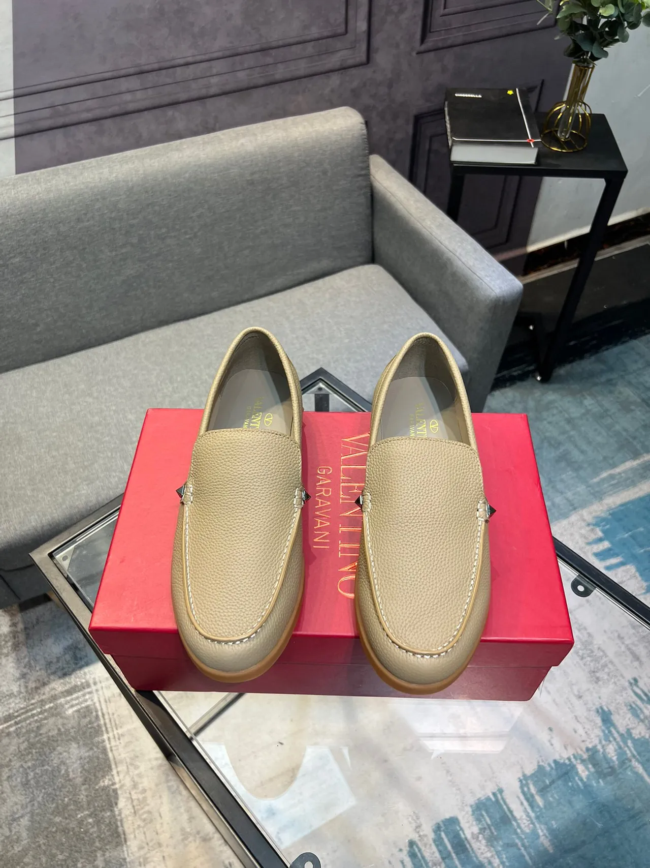 Beige Brown Pebbled Leather Metal Hardware Accent Loafer 2