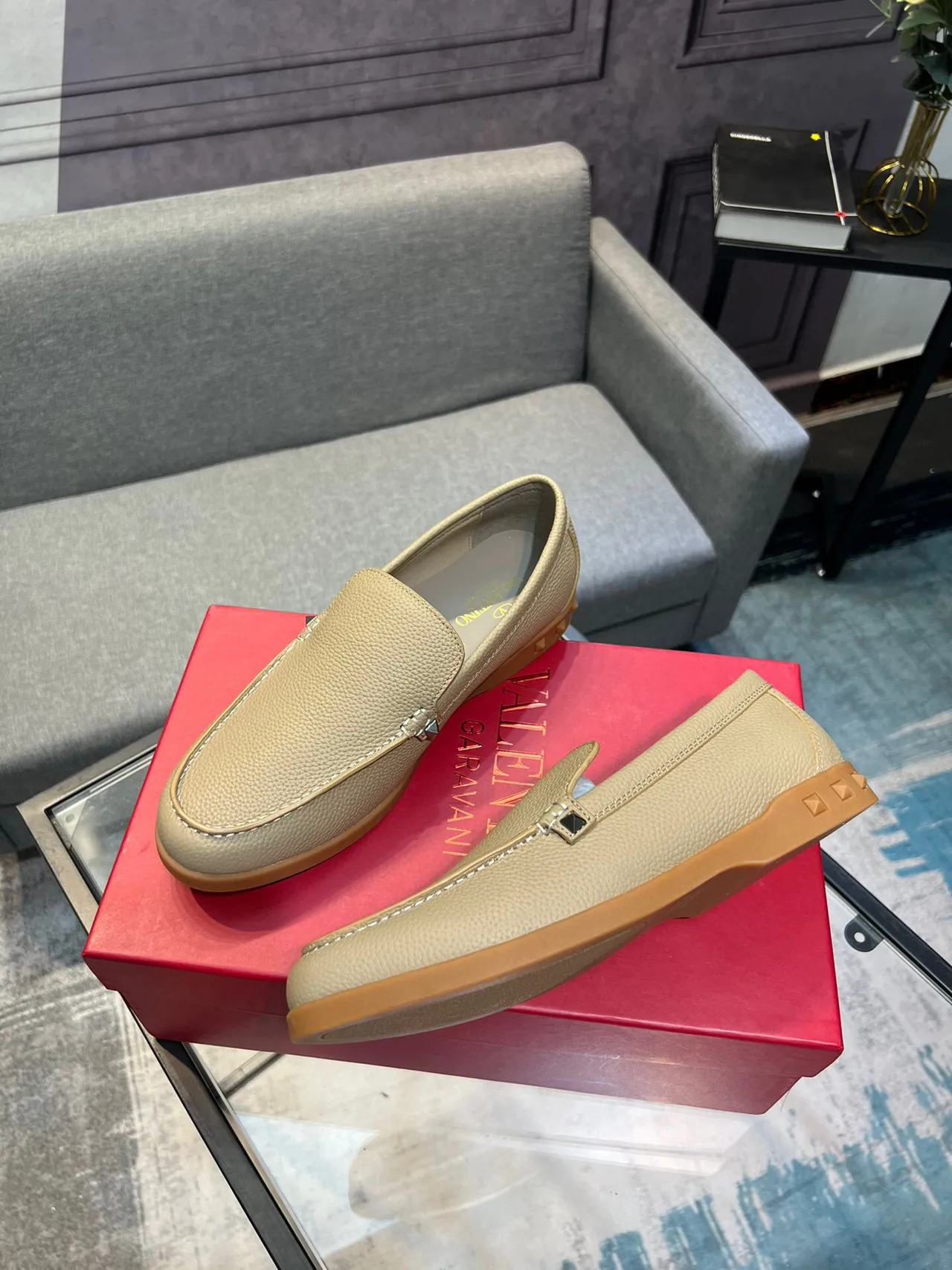 Beige Brown Pebbled Leather Metal Hardware Accent Loafer 4