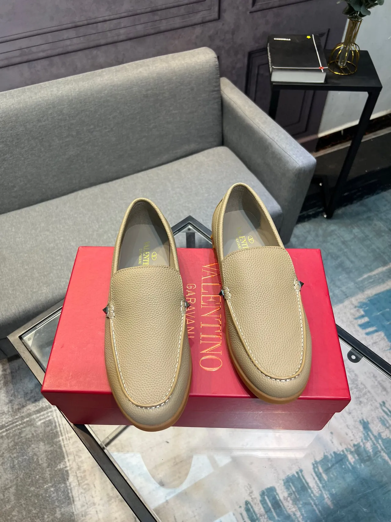 Beige Brown Pebbled Leather Metal Hardware Accent Loafer 5