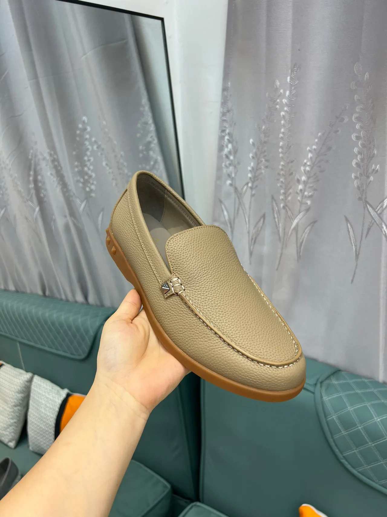 Beige Brown Pebbled Leather Metal Hardware Accent Loafer 6