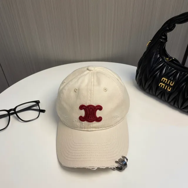 Beige Red Distressed Raw-Edge Brim Embroidered Monogram Baseball Cap 2
