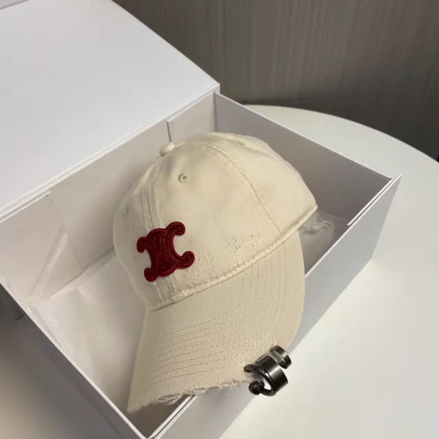 Beige Red Distressed Raw-Edge Brim Embroidered Monogram Baseball Cap 3