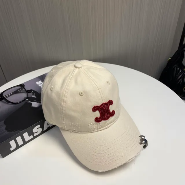 Beige Red Distressed Raw-Edge Brim Embroidered Monogram Baseball Cap 4