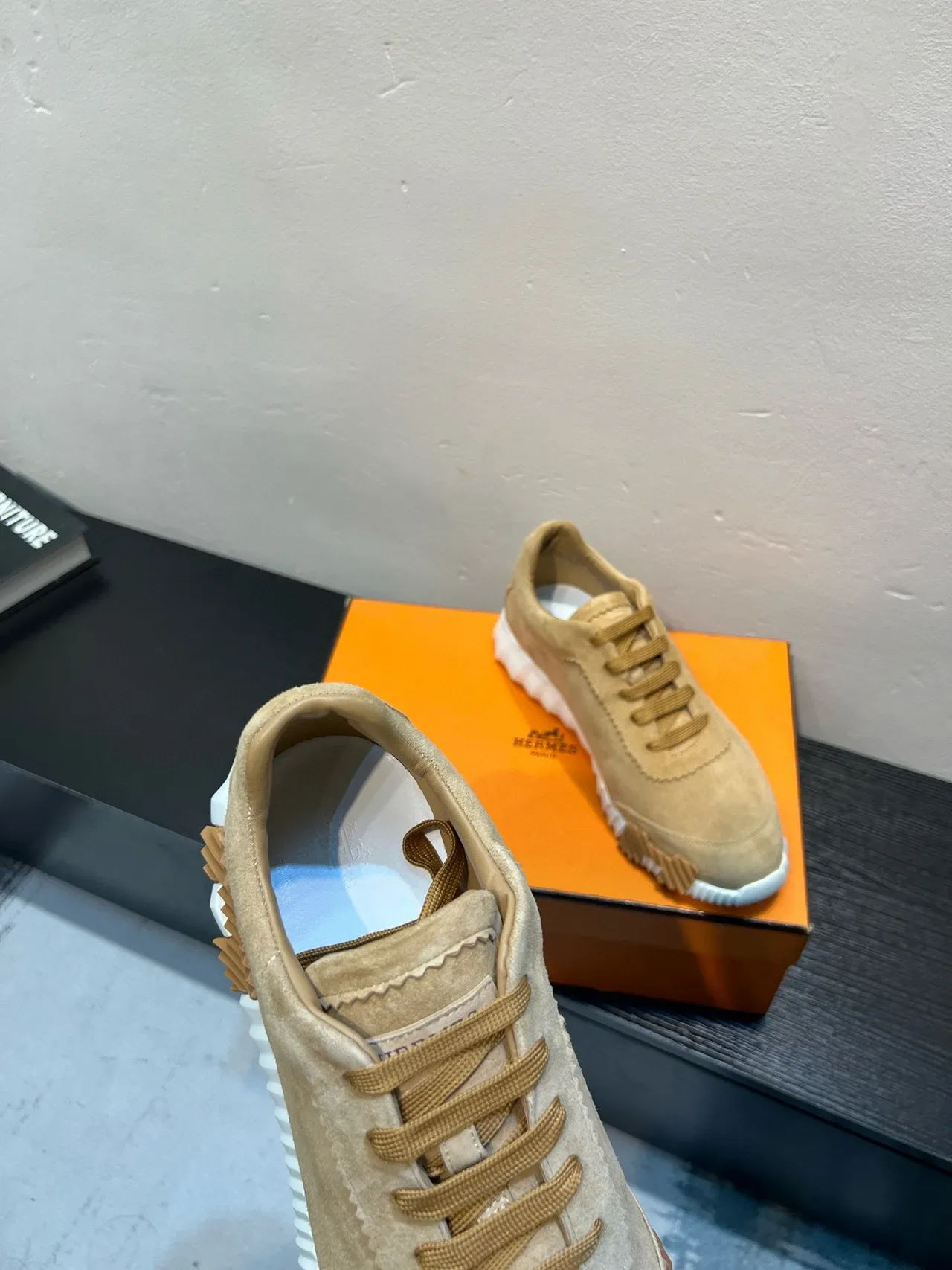 Beige White Suede Upper Sculpted Ridged Midsole Sneakers 7