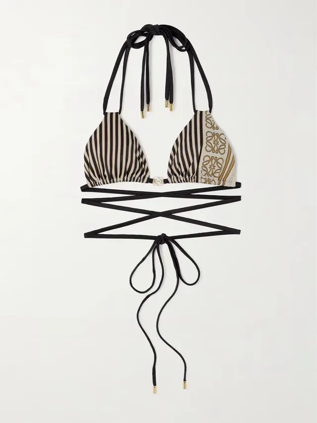 Bikini Halter Triángulo Negro Beige con Lazos Laterales 9
