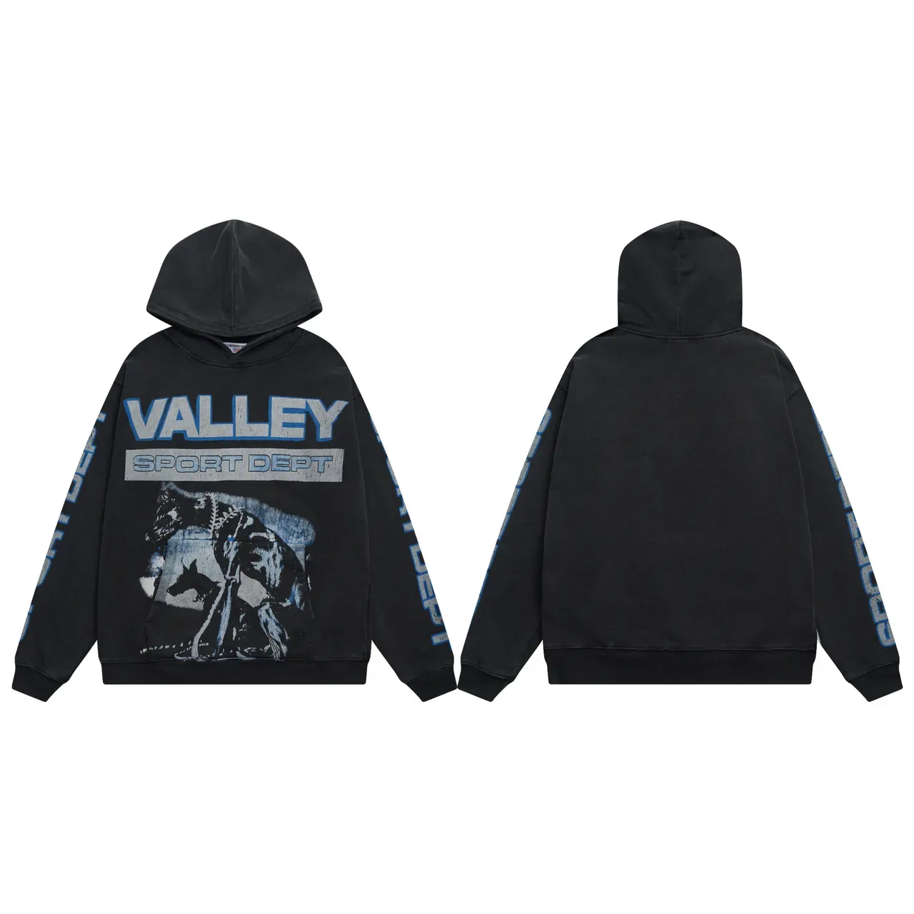Hoodie noir et bleu oversized fit estampé graphique distressed 2