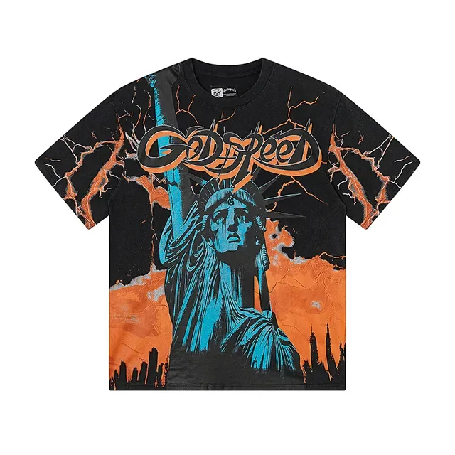 Black Graphic Print Statue of Liberty Lightning T-Shirt 2