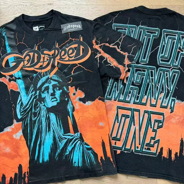 Black Graphic Print Statue of Liberty Lightning T-Shirt 4