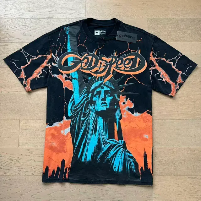 Black Graphic Print Statue of Liberty Lightning T-Shirt 5